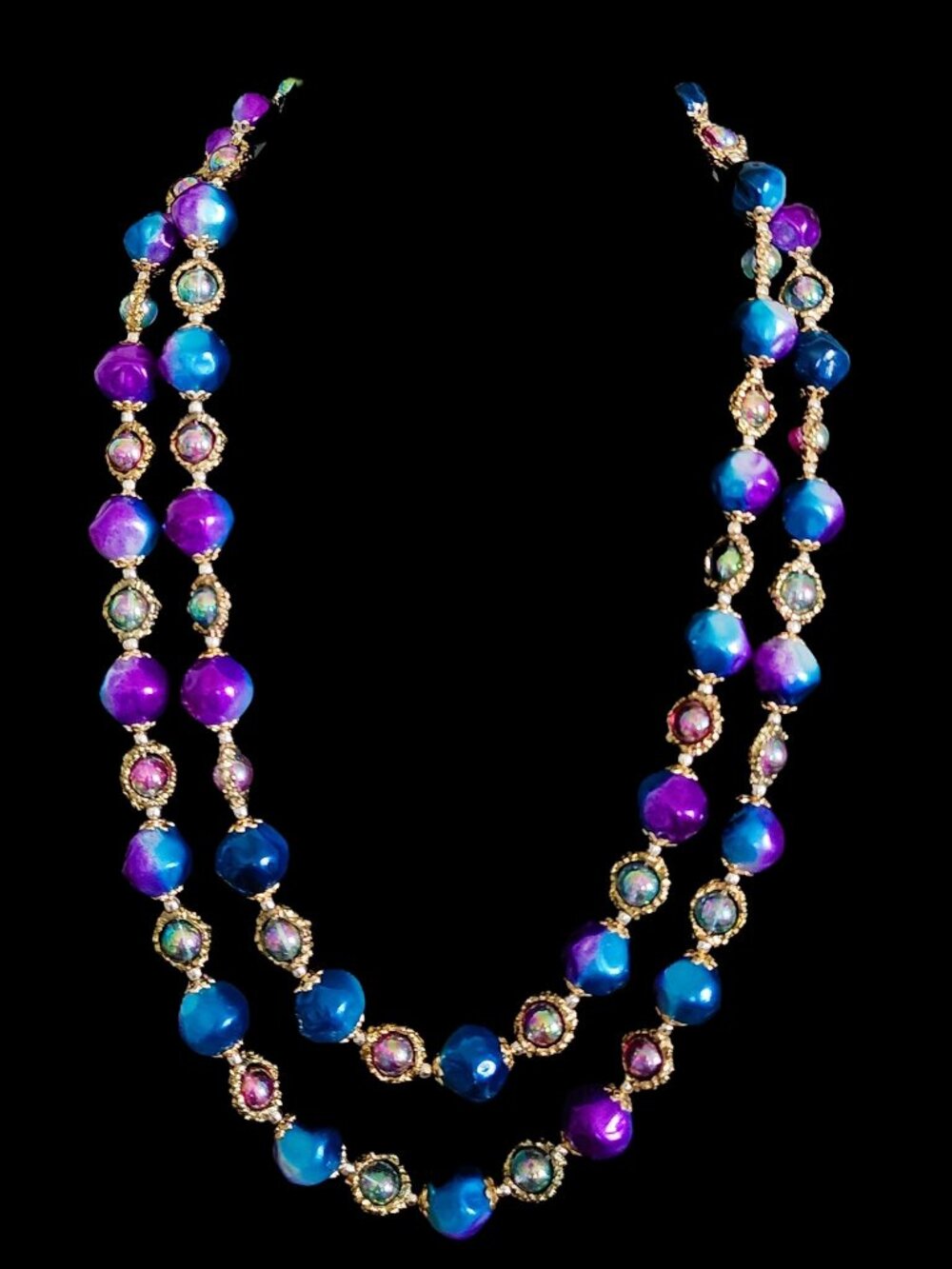 Vintage 1950s Japan Double Strand Blue Purple Moonglow Lucite AB Necklace - Picture 9 of 9